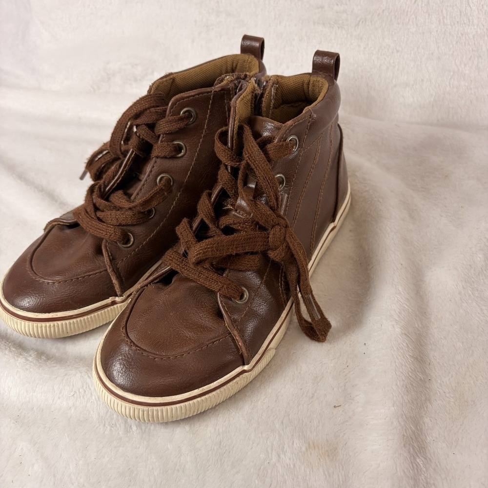 Cat & Jack Boys Florian Mid-Top Sneakers Size 1 Faux Leather Side Zip Casual GUC